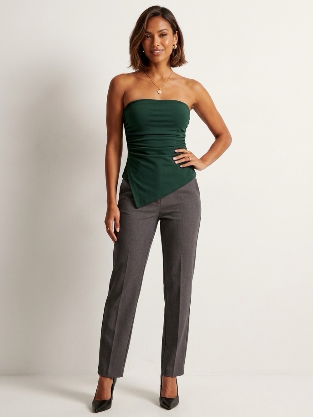 Forest Green Strapless Top with Gray Tailored Trousers